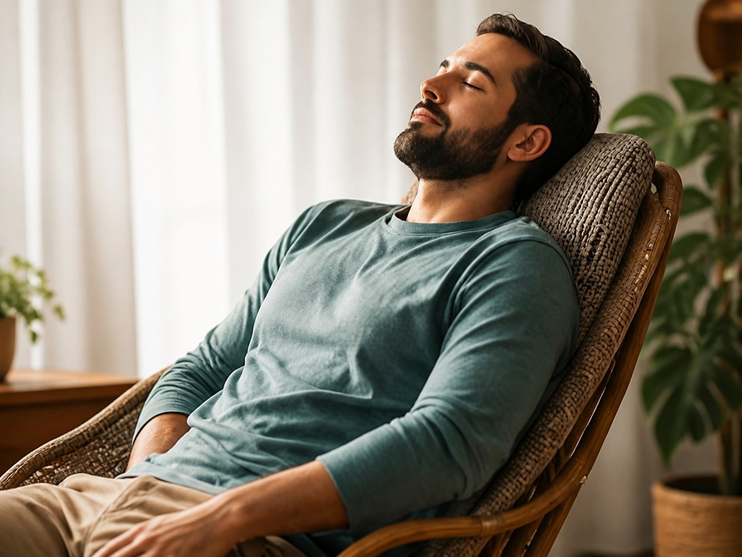 Homem relaxando em uma poltrona durante uma pausa consciente
