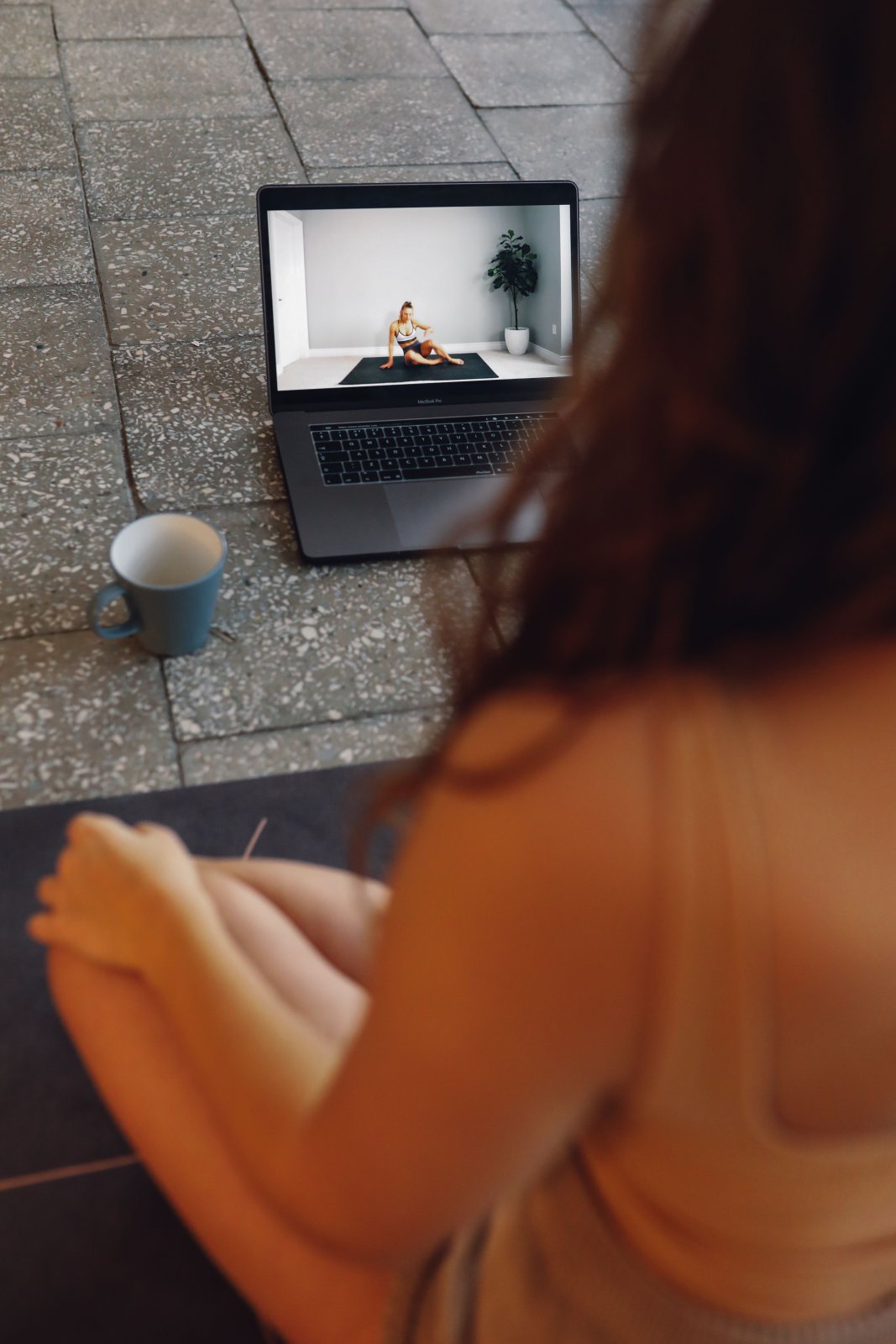 Pessoa acompanhando uma prática corporal online pelo computador